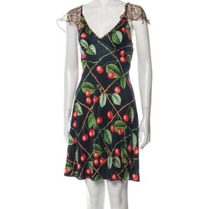 John Galliano Black Cherry Print V-Neck Mini Dress